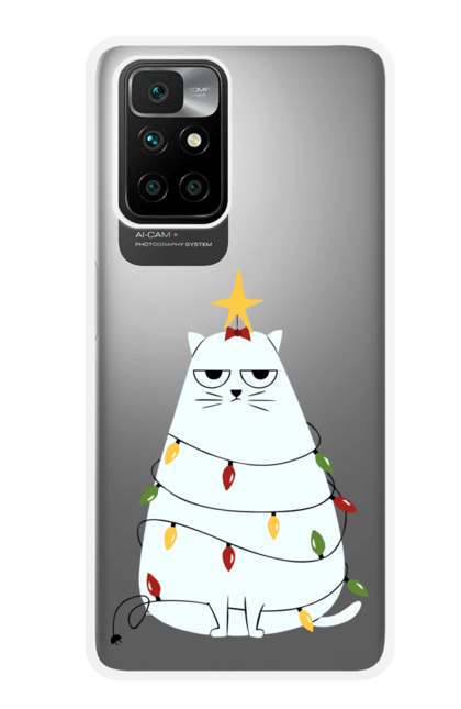 Чохол для телефону з принтом "Кіт у гірлянді із зіркою". Зведу, зима, кіт, новий рік, різдво, сніг, ялинка. CustomPrint.market