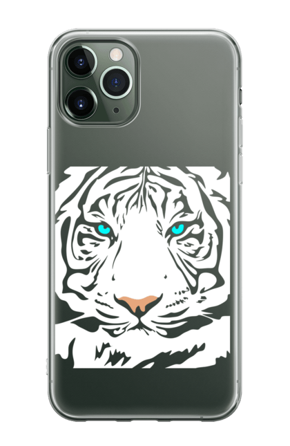 Чохол для телефону з принтом "Тигр білий прозорий". Білий, білий тигр, велика кішка, великий кіт, дика природа, дикий, звір, зуби, паща, погляд, портрет, природа, стилізація, тварина, тигр, хижак. CustomPrint.market
