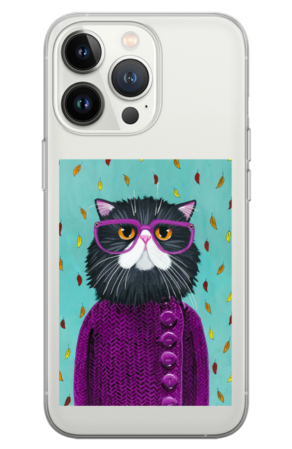 Чохол для телефону з принтом "Кот в светрі і окулярах". Кіт, окуляри, осінь, светр, холод. CustomPrint.market
