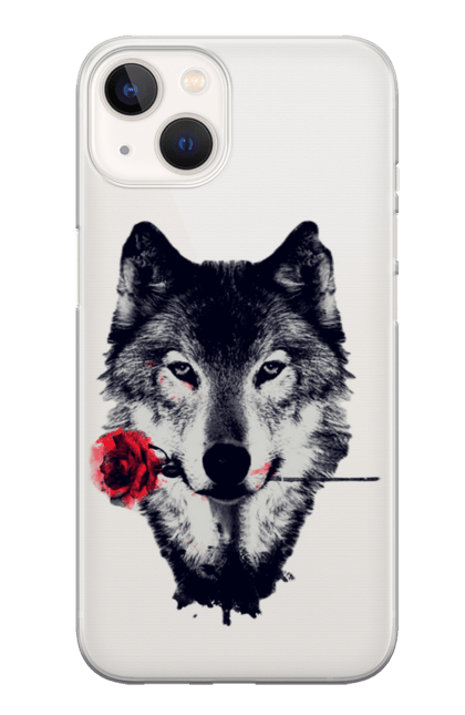 Чохол для телефону з принтом "Вовк з трояндою". Волк, волки, красивый волк, питомцы, принт волка, пушистки, роза, розы, собака, собакаи, хаски, черно-белый принт. CustomPrint.market