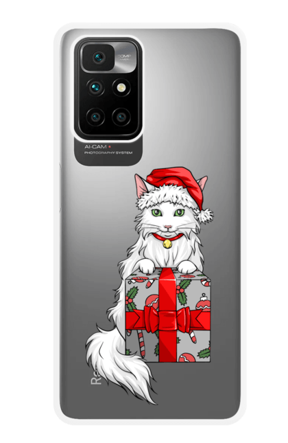 Чохол для телефону з принтом "Котик з подарунком". Білий кіт, кіт, котик, новий рік, подарунок, різдво, санта, шапка санти. CustomPrint.market