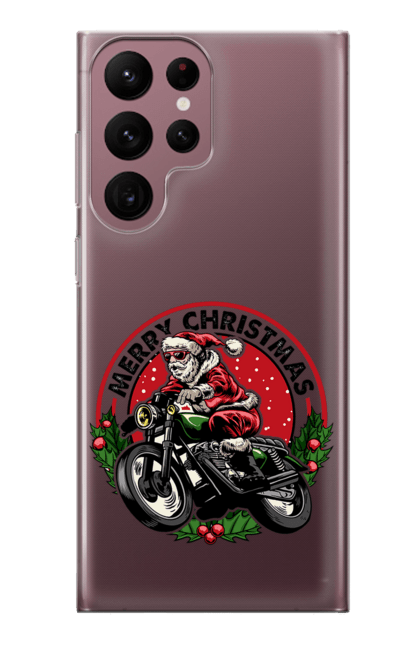 Чохол для телефону з принтом "Щасливого Різдва, дід мороз на мотоциклі". 2022, дід мороз, зима, мотоцикл, новий рік, подарунки, різдво, санта, сніг. CustomPrint.market