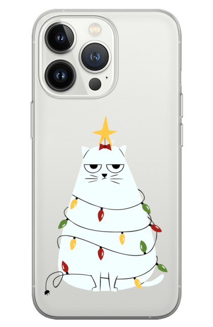 Чохол для телефону з принтом "Кіт у гірлянді із зіркою". Зведу, зима, кіт, новий рік, різдво, сніг, ялинка. CustomPrint.market