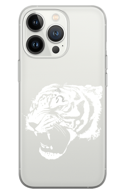 Чохол для телефону з принтом "Тигр моно білий". Велика кішка, великий кіт, дика природа, дикий, звір, зуби, паща, погляд, портрет, природа, стилізація, тварина, тигр, хижак. CustomPrint.market