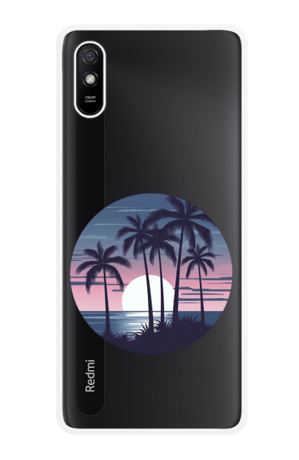 Чохол для телефону з принтом "Пальмовий пляж  На заході сонця". Море, пальма, пальми, пальмовий пляж, пляж. CustomPrint.market