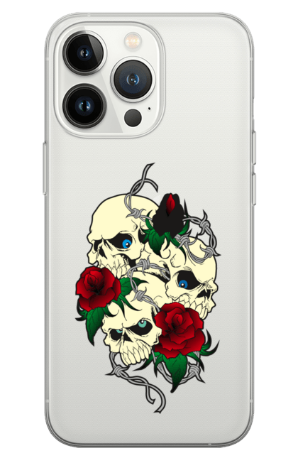 Чехол для телефона с принтом Черепа с розами. Глаза, зубы, кости, листья, роза, розы, цветы, череп, шипы. 2070702
