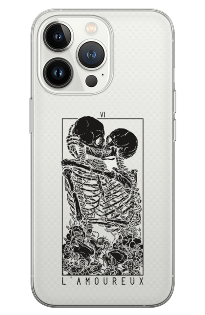 Phone case with prints Skeletons in love. Bones, kiss, love, scull, skeletons, tarot, teeth. 2070702