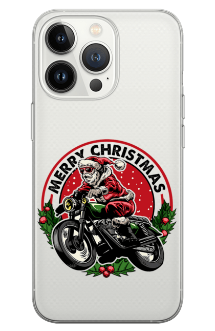 Чохол для телефону з принтом "Щасливого Різдва, дід мороз на мотоциклі". 2022, дід мороз, зима, мотоцикл, новий рік, подарунки, різдво, санта, сніг. CustomPrint.market