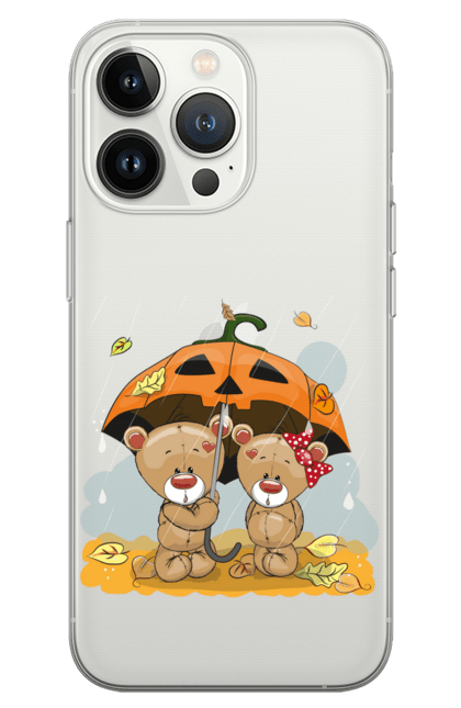 Чохол для телефону з принтом "Ведмедики під дощем і парасолькою". Ведмедики, ведмідь, дощ, осінь, парасолька. CustomPrint.market