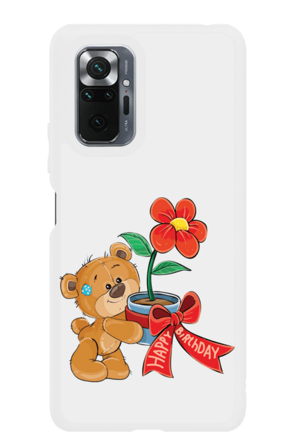 Чохол для телефону з принтом "Ведмедик з квіткою, з днем народження". Ведмідь, день народження, квітка, медвеженок. CustomPrint.market