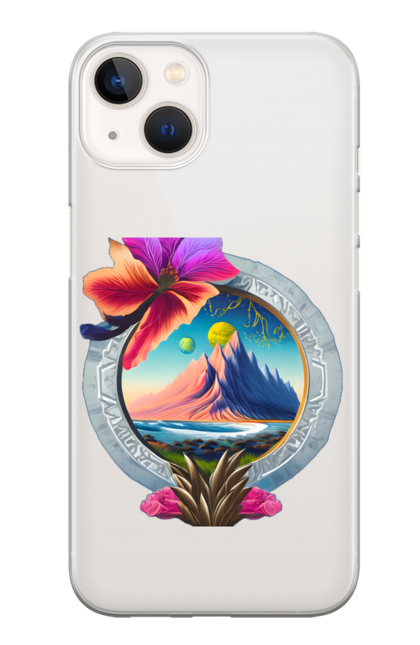 Чохол для телефону з принтом "Наклейка із зображенням гори в квітах". Гора, квіти, море. CustomPrint.market