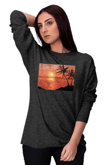 Світшот жіночий з принтом "Захід Пальми Море". Берег, захід, море, пальми. 2070702