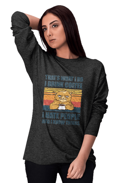 Світшот жіночий з принтом "Невдоволений кіт". Angular, c, css, html, it, javascript, jquery, php, python, react, svelt, vue, айтишник, айті, гумор, код, кодувати, прогер, програміст, програмісти, ти ж, ти ж програміст, тиж програміст. 2070702