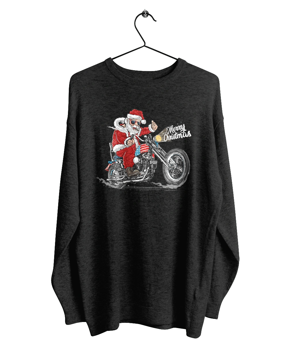 Santa in glasses on a motorcycle