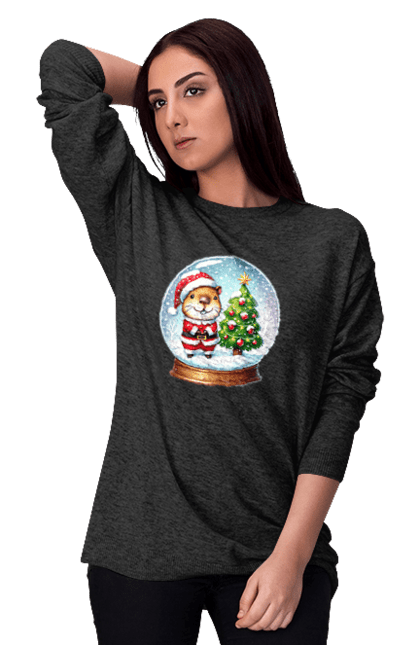 Women's sweatshirt with prints Christmas Capybara with a Tree. Animal, capybara, christmas, christmas capybara, christmas tree, gift, holiday, new year, new year`s gift, santa. 2070702