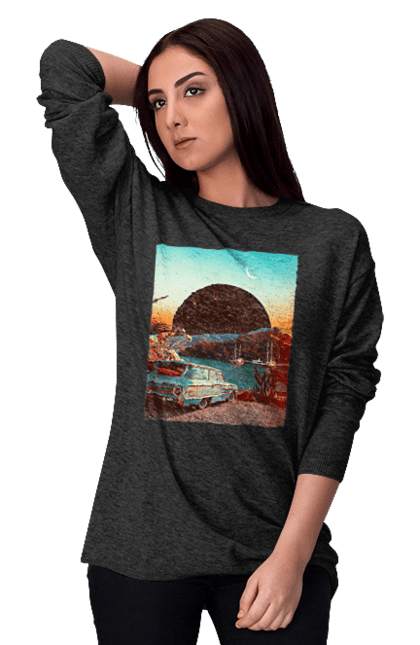 Світшот жіночий з принтом "Картина, машина біля річки". Картина, машина, планета, прикол, ретро, річка. 2070702
