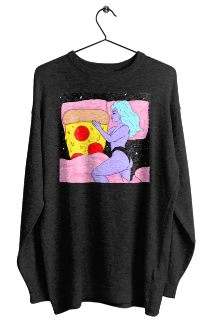 Світшот жіночий з принтом "Фіолетова Дівчина І Піца". Дівчина, ліжко, піца. 2070702