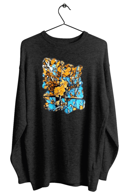 Світшот жіночий з принтом "Жовті квіти на синьому фоні". Арт, жовтий та синій, жовті квіти, жовто-синій, квіти, малюнок, природа, синій та жовтий, синьо-жовтий. 2070702