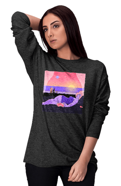 Світшот жіночий з принтом "Фіолетова Дівчина На Відпочинку". Дівчина, захід, телефон. 2070702