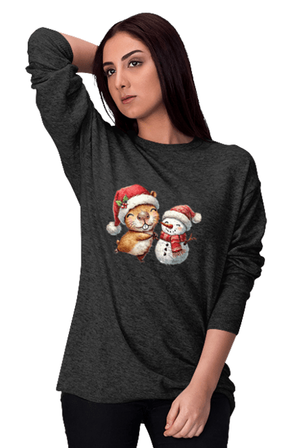 Women's sweatshirt with prints Capybara and Snowman. Animal, capybara, christmas, christmas capybara, gift, holiday, new year, new year`s gift, santa, snowman. 2070702