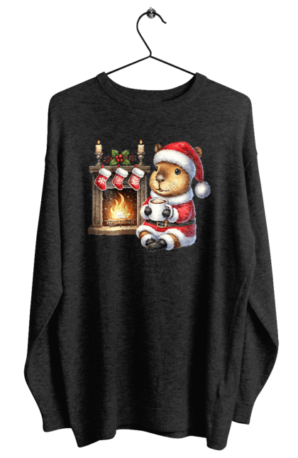 Women's sweatshirt with prints Capybara by the fireplace with hot chocolate. Animal, capybara, christmas, christmas capybara, fireplace, gift, holiday, hot chocolate, new year, santa. 2070702