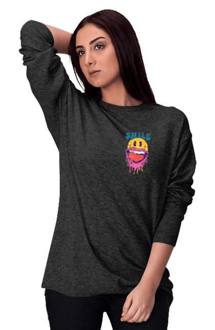 Women`s sweatshirt with prints Summer smile. Brutal smiley, computer smile, hot, merry spade, physiognomy, smile, smiley, smiling face. 2070702