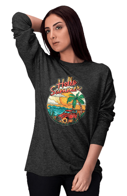 Світшот жіночий з принтом "Привіт Літо, Машина Біля Моря". Літо, машина, острів, пальма, пляж. 2070702