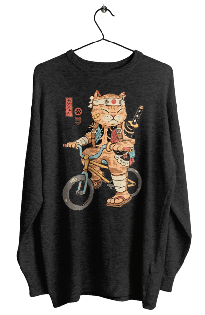 Світшот жіночий з принтом "Кіт на велосипеді". Велосипед, кинжал, китайський кіт, кіт, самурай, шабля, японський кіт. CustomPrint.market