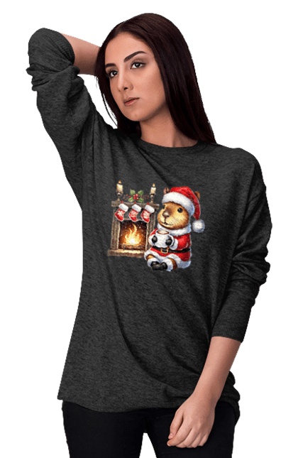 Women's sweatshirt with prints Capybara by the fireplace with hot chocolate. Animal, capybara, christmas, christmas capybara, fireplace, gift, holiday, hot chocolate, new year, santa. 2070702