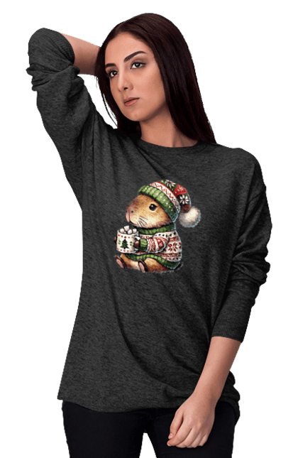 Women's sweatshirt with prints Capybara with hot chocolate. Animal, capybara, christmas, christmas capybara, gift, holiday, hot chocolate, new year, santa. 2070702