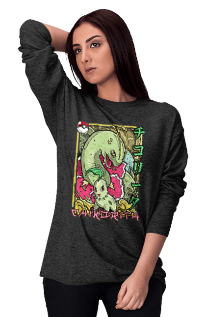 Women's sweatshirt with prints Pokemon Chikorita. Anime, chikorita, games, nintendo, pokemon, pokemon go. 2070702