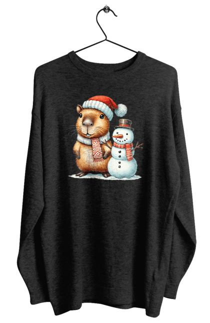 Women's sweatshirt with prints Capybara and Snowman. Animal, capybara, christmas, christmas capybara, gift, holiday, new year, new year`s gift, santa, snowman. 2070702