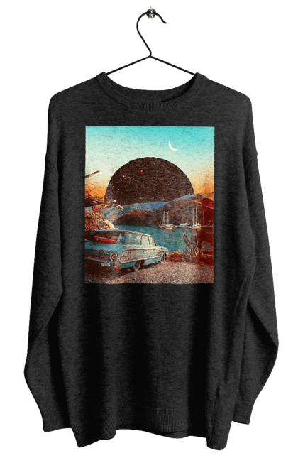 Світшот жіночий з принтом "Картина, машина біля річки". Картина, машина, планета, прикол, ретро, річка. 2070702