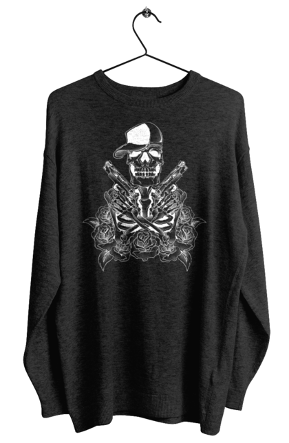 Women's sweatshirt with prints Skeleton with pistols. Black and white, bones, cap, gun, roses, scull, skeleton, teeth. 2070702