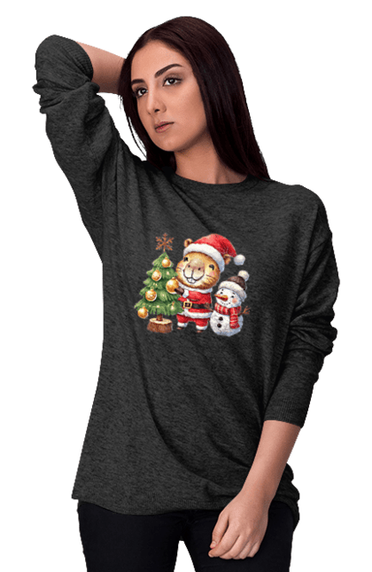 Women's sweatshirt with prints Christmas Capybara with a Tree. Animal, capybara, christmas, christmas capybara, christmas tree, gift, holiday, new year, new year`s gift, santa. 2070702