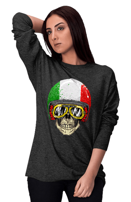 Світшот жіночий з принтом "Череп в мотошоломі". Мото, окуляри, череп, шолом. 2070702