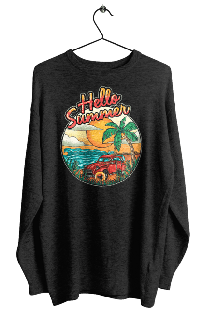 Світшот жіночий з принтом "Привіт Літо, Машина Біля Моря". Літо, машина, острів, пальма, пляж. 2070702