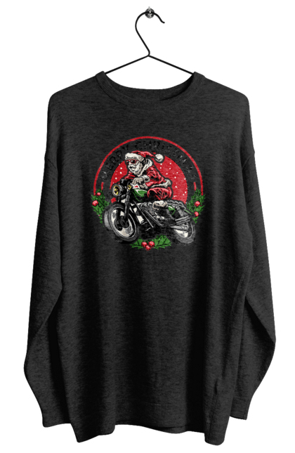 Світшот жіночий з принтом "Щасливого Різдва, дід мороз на мотоциклі". 2022, дід мороз, зима, мотоцикл, новий рік, подарунки, різдво, санта, сніг. 2070702