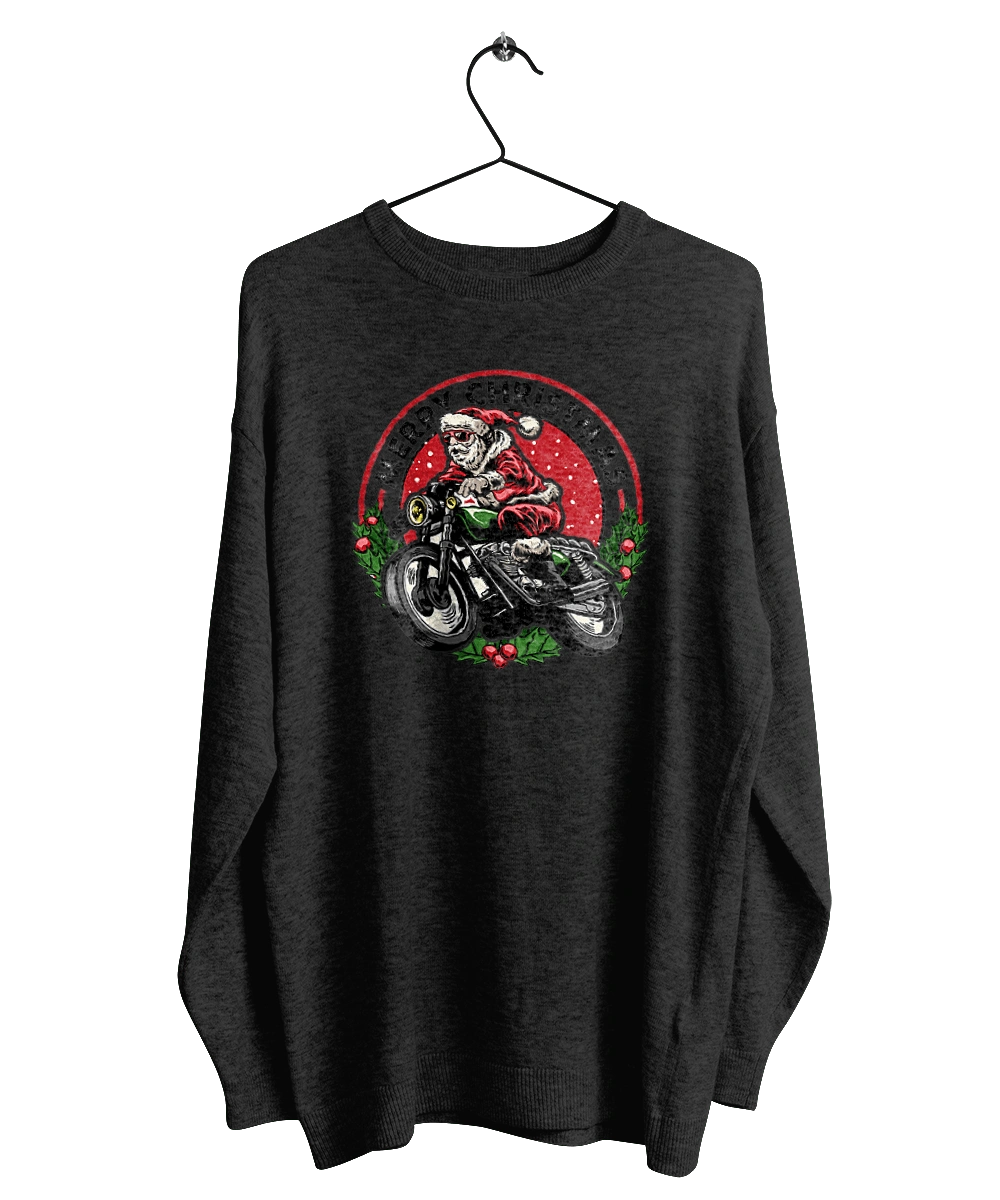 Merry Christmas, Santa Claus on a motorcycle