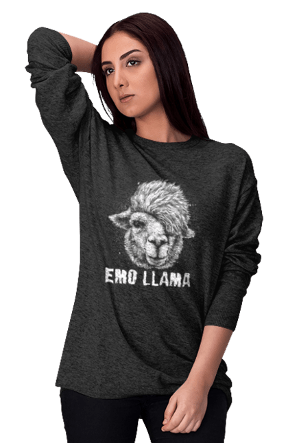 Women's sweatshirt with prints Emo Llama. Alpaca, animals, distressed, emo, funny, llama, vintage. 2070702