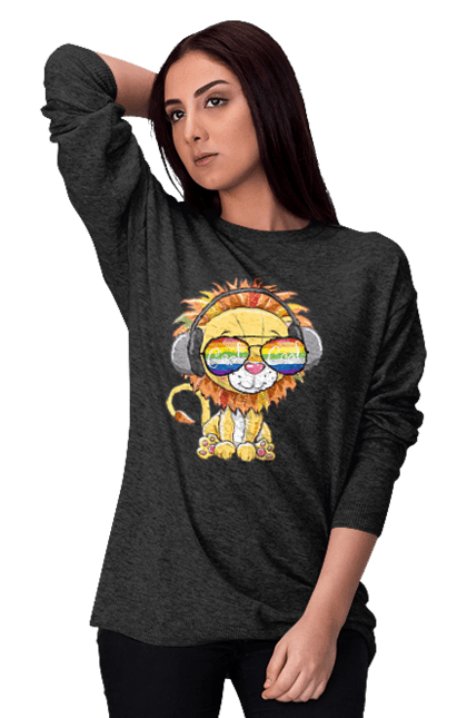Women`s sweatshirt with prints Lion In Glasses And Headphones. Glasses, headphones, lion cub. 2070702