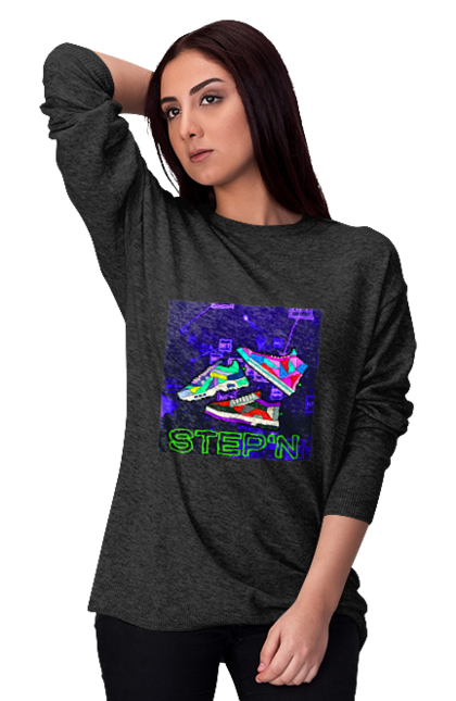 Світшот жіночий з принтом "Step`n". Віртуальні кросівки, крипта, криптовалюти, нфт, нфт кросівки, солана, степен. 2070702