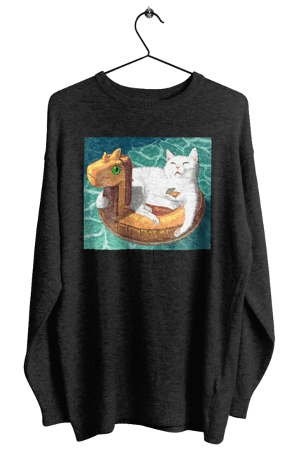 Світшот жіночий з принтом "Білий кіт у плавальному колі, на відпочинку". Басейн, відпочинок, кіт, коктейль, море, плавальний круг. 2070702