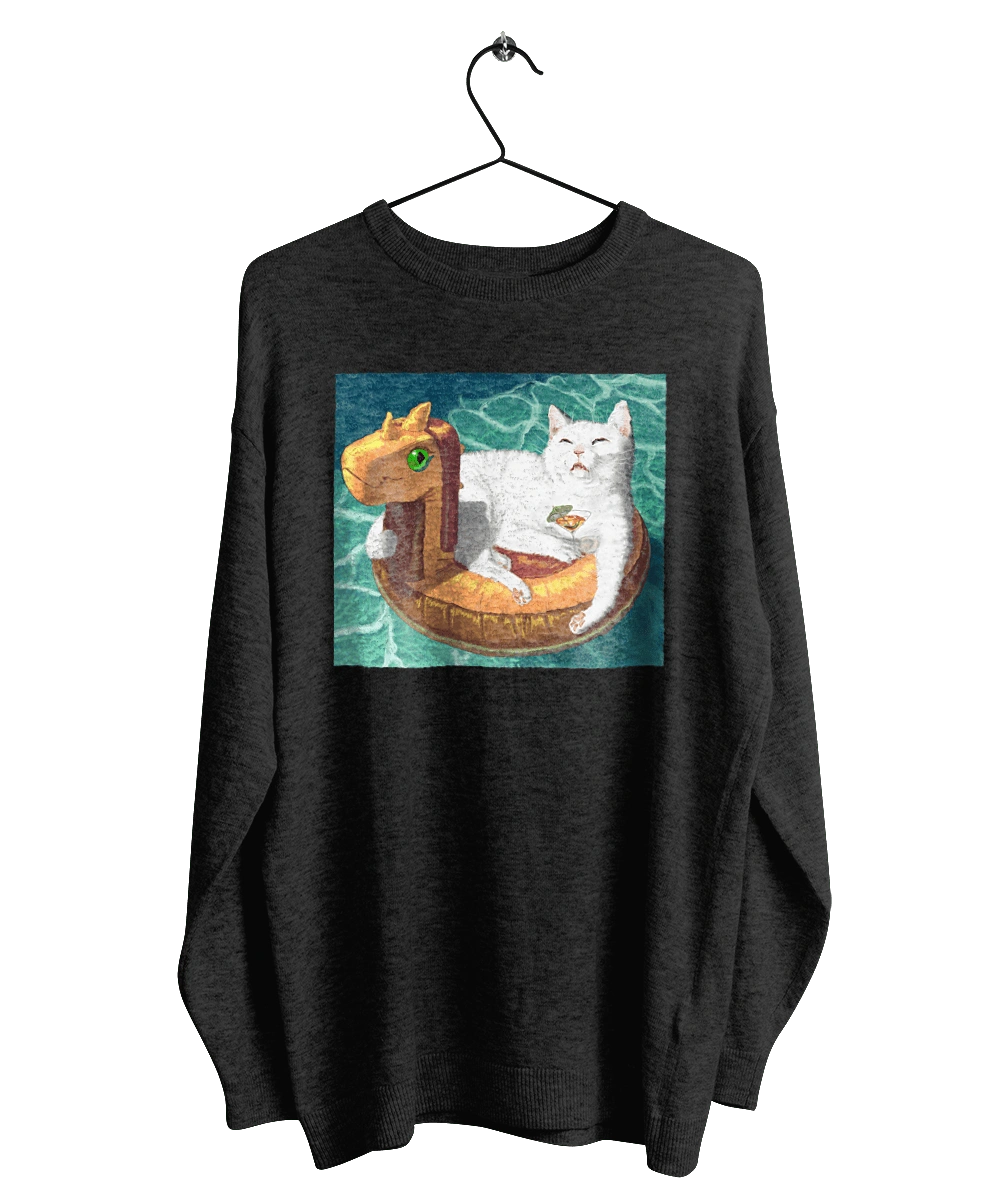 White cat in a swimming circle on vacation