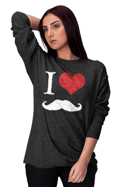 Світшот жіночий з принтом "Я люблю вуса". Брутальний, вуса, вусатий, гумор, жарт, любов, почуття, прикол, серце. ART принт на футболках