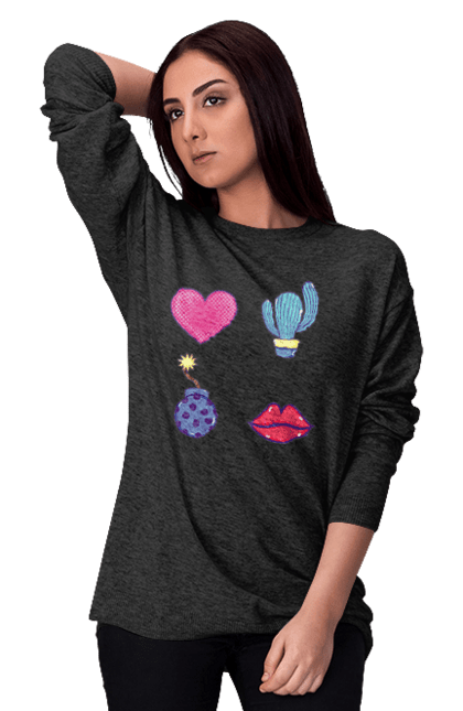 Women`s sweatshirt with prints Heart, Cactus, Bomb, Lips. Bomb, cactus, lips. 2070702