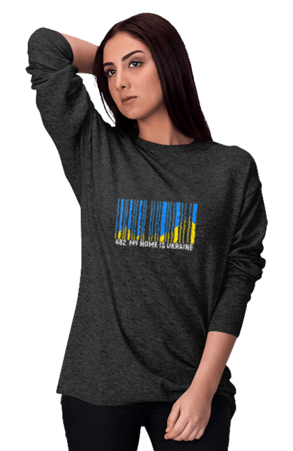 Світшот жіночий з принтом "Мій дім це  Україна". Батьківщина, гори, державний знак, мій дім, моя держава, синє небо, україна, штрих код. 2070702