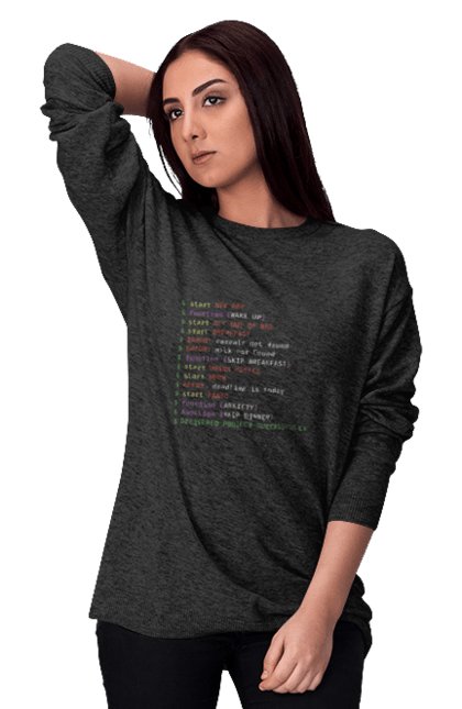 Світшот жіночий з принтом "Життя програміста". Angular, c, css, html, it, javascript, jquery, php, python, react, svelt, vue, айтишник, айті, гумор, код, кодувати, прогер, програміст, програмісти, ти ж, ти ж програміст, тиж програміст. Print Shop