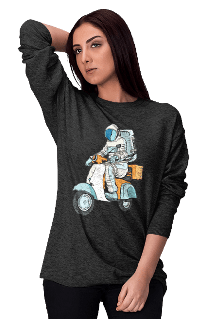 Світшот жіночий з принтом "Космонавт на мотоциклі". Космонавт, космос, мотоцикл. 2070702