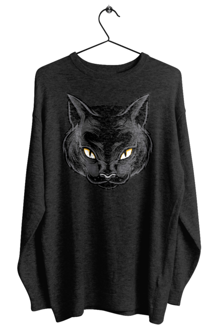 Світшот жіночий з принтом "Чорна кішка". Голова кішки, кіт, кішка, чорна кішка, чорний кіт. CustomPrint.market